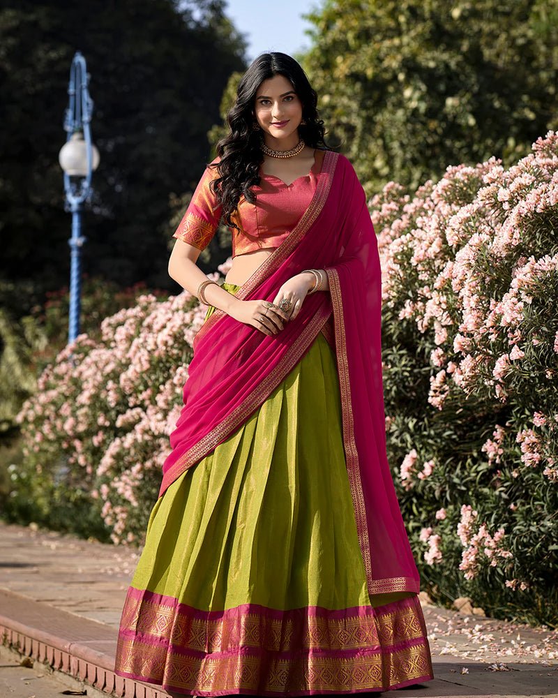 Pista Color Zari Weaving Work Kanchipuram South Culture Saree